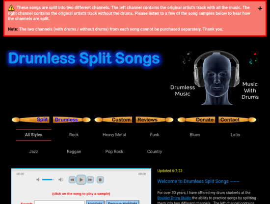Screenshot of drumlesssplitsongs.com