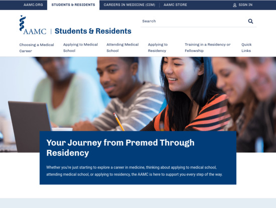 Screenshot of students-residents.aamc.org