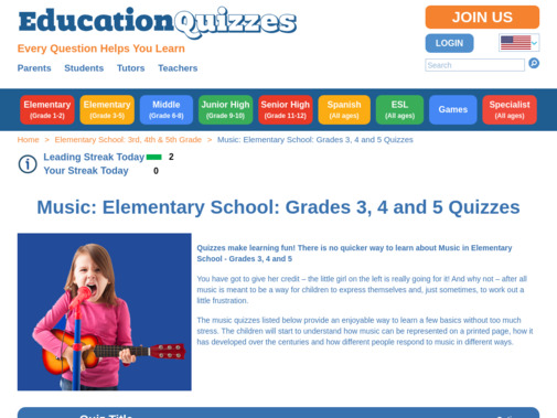 Screenshot of www.educationquizzes.com