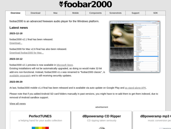 Screenshot of www.foobar2000.org