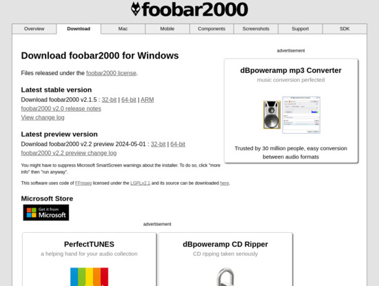 Screenshot of www.foobar2000.org