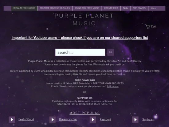 Screenshot of www.purple-planet.com